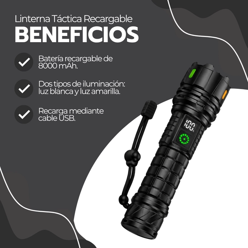 LINTERNA TACTICA RECARGABLE 8000 MAH LED ALUMINIO LUZ BLANCA AMARILLA CAMPING EMERGENCIA HOGAR - 4