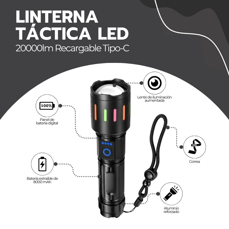 LINTERNA TACTICA LED RECARGABLE 20000LM USB-C ZOOM 500M 7 MODOS POWER BANK 80W NEGRO LTT-02 - 3