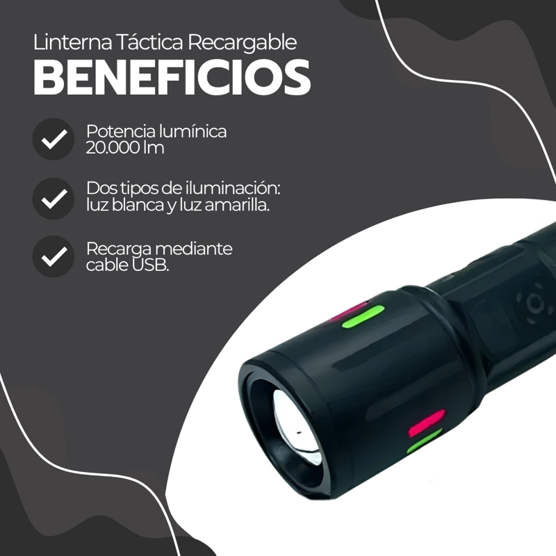 LINTERNA TACTICA LED RECARGABLE 20000LM USB-C ZOOM 500M 7 MODOS POWER BANK 80W NEGRO LTT-02 - 4