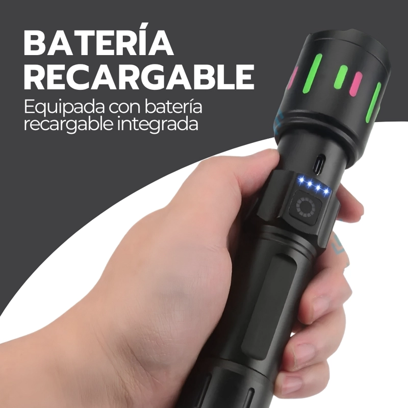 LINTERNA TACTICA LED RECARGABLE 20000LM USB-C ZOOM 500M 7 MODOS POWER BANK 80W NEGRO LTT-02 - 5