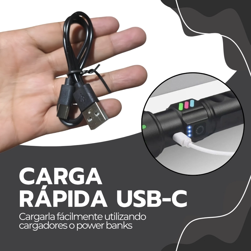 LINTERNA TACTICA LED RECARGABLE 20000LM USB-C ZOOM 500M 7 MODOS POWER BANK 80W NEGRO LTT-02 - 7