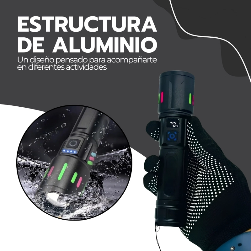 LINTERNA TACTICA LED RECARGABLE 20000LM USB-C ZOOM 500M 7 MODOS POWER BANK 80W NEGRO LTT-02 - 8