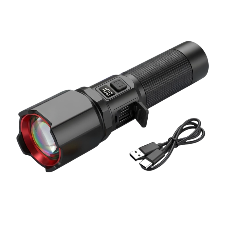 LINTERNA LED RECARGABLE 35000 LUMENES 30W USB-C ZOOM TELESCOPICO ALCANCE 700M NEGRA 23CM - 2