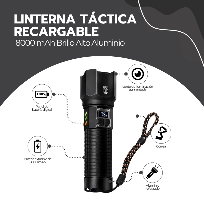 LINTERNA LED RECARGABLE 35000 LUMENES 30W USB-C ZOOM TELESCOPICO ALCANCE 700M NEGRA 23CM - 3