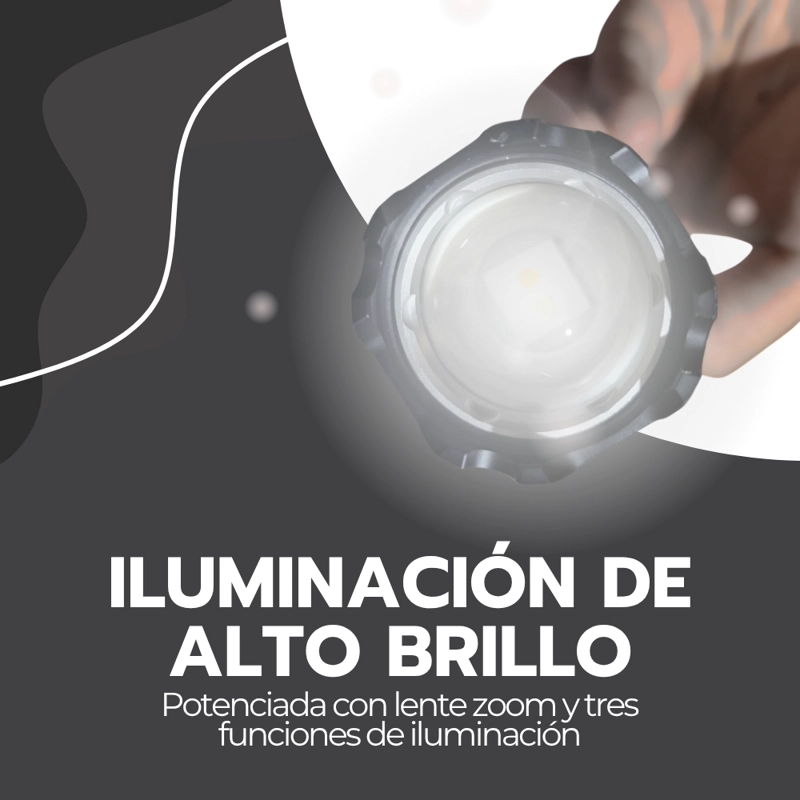 LINTERNA LED RECARGABLE 35000 LUMENES 30W USB-C ZOOM TELESCOPICO ALCANCE 700M NEGRA 23CM - 6