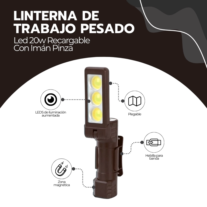 LINTERNA FRONTAL LED 20W RECARGABLE CON IMAN PINZA CORREA AJUSTABLE PARA TRABAJO CAMPING CAFE - 3
