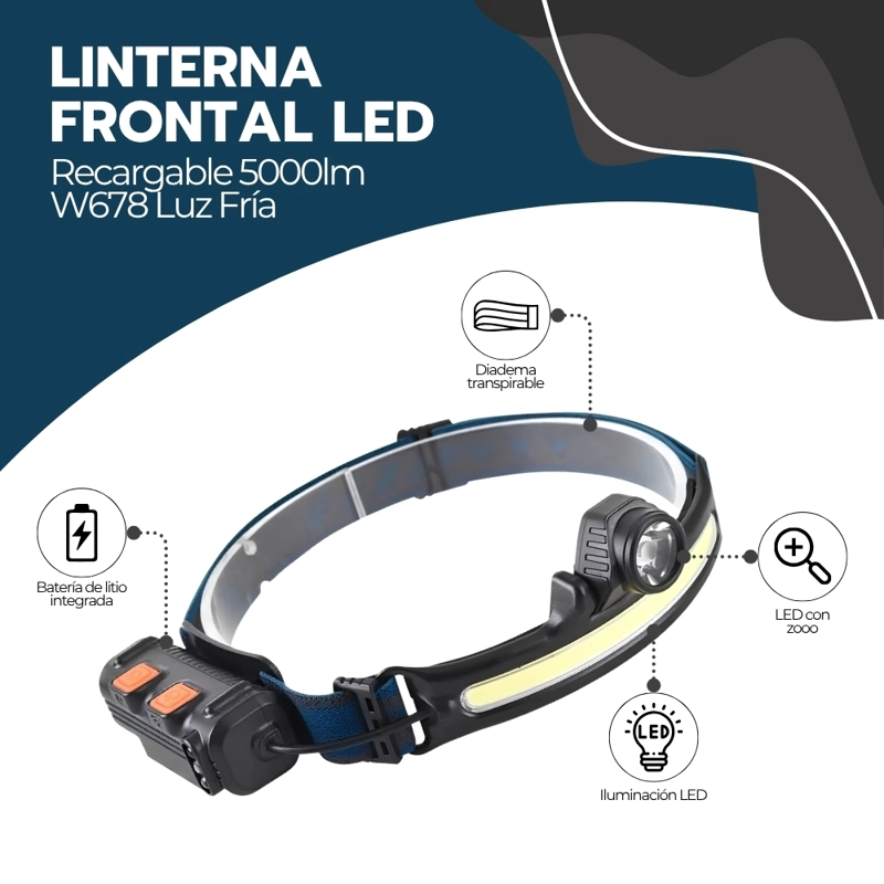 LINTERNA FRONTAL LED RECARGABLE 5000LM W6-78 LUZ FRIA MANOS LIBRES CAMPING TREKKING CICLISMO AZUL - 3