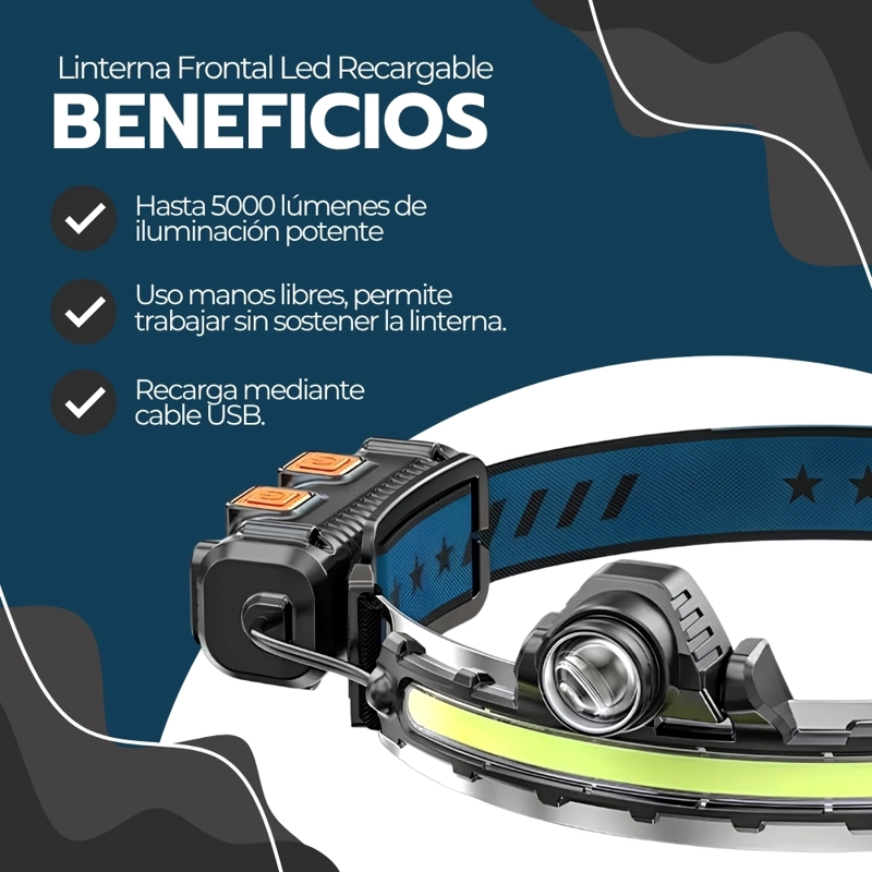LINTERNA FRONTAL LED RECARGABLE 5000LM W6-78 LUZ FRIA MANOS LIBRES CAMPING TREKKING CICLISMO AZUL - 4