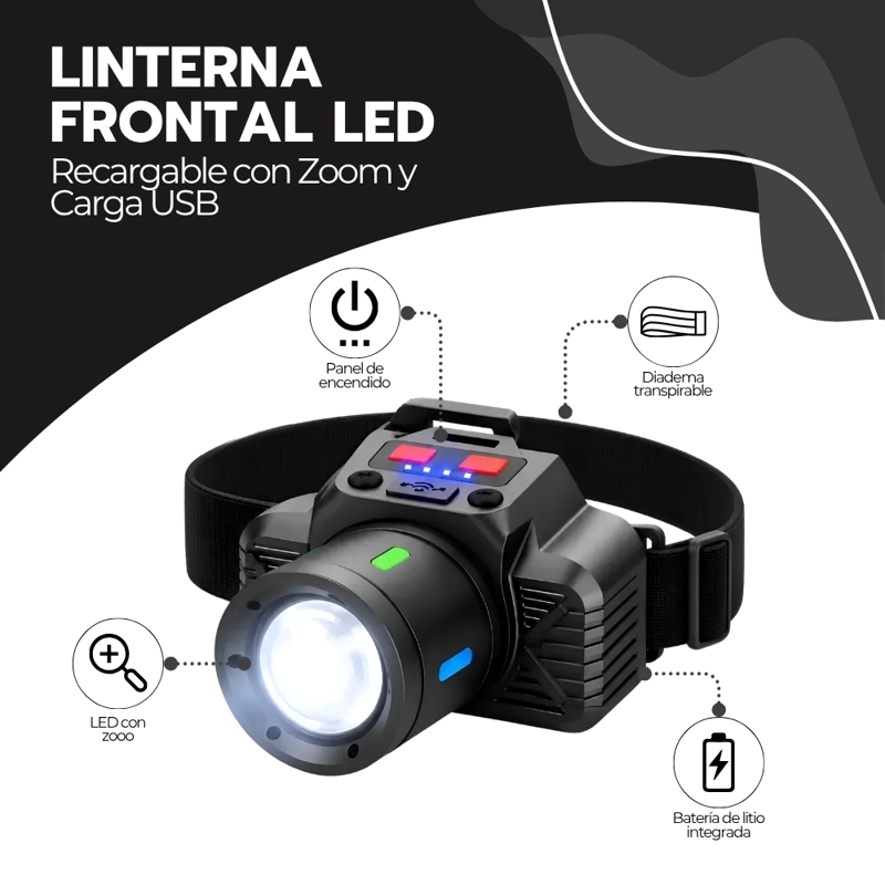 LINTERNA FRONTAL LED RECARGABLE USB CON ZOOM Y AJUSTE PARA CABEZA MANOS LIBRES CAMPING TRABAJO - 3