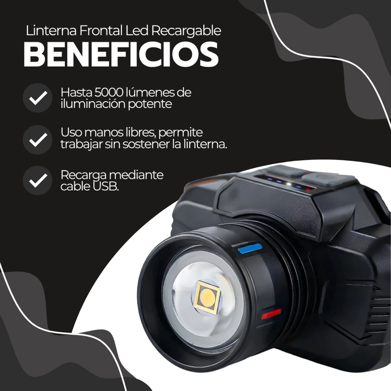 LINTERNA FRONTAL LED RECARGABLE USB CON ZOOM Y AJUSTE PARA CABEZA MANOS LIBRES CAMPING TRABAJO - 4