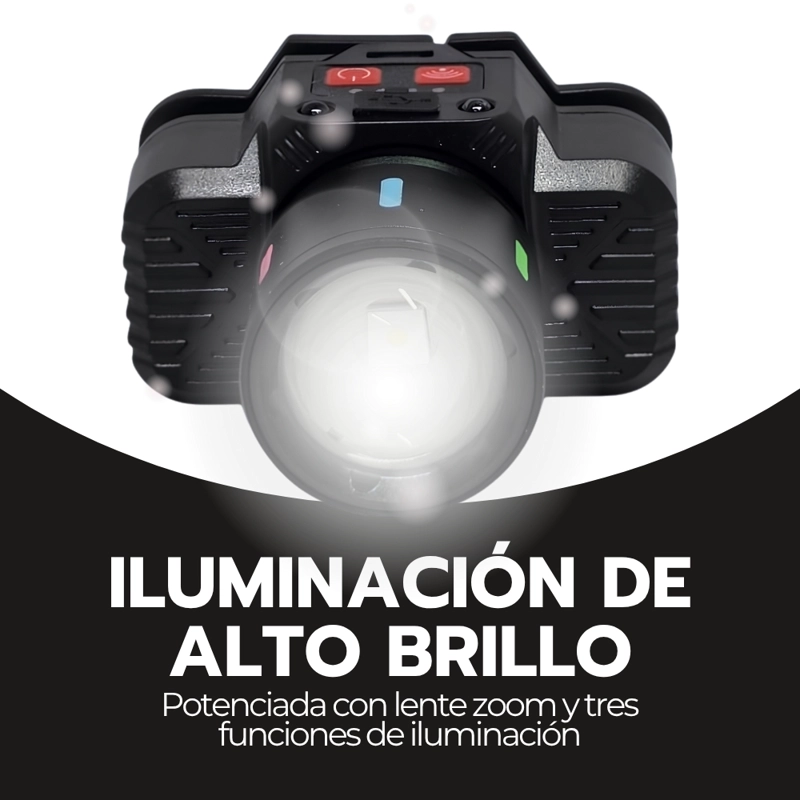 LINTERNA FRONTAL LED RECARGABLE USB CON ZOOM Y AJUSTE PARA CABEZA MANOS LIBRES CAMPING TRABAJO - 6