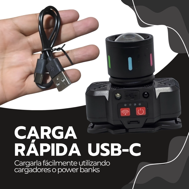 LINTERNA FRONTAL LED RECARGABLE USB CON ZOOM Y AJUSTE PARA CABEZA MANOS LIBRES CAMPING TRABAJO - 7