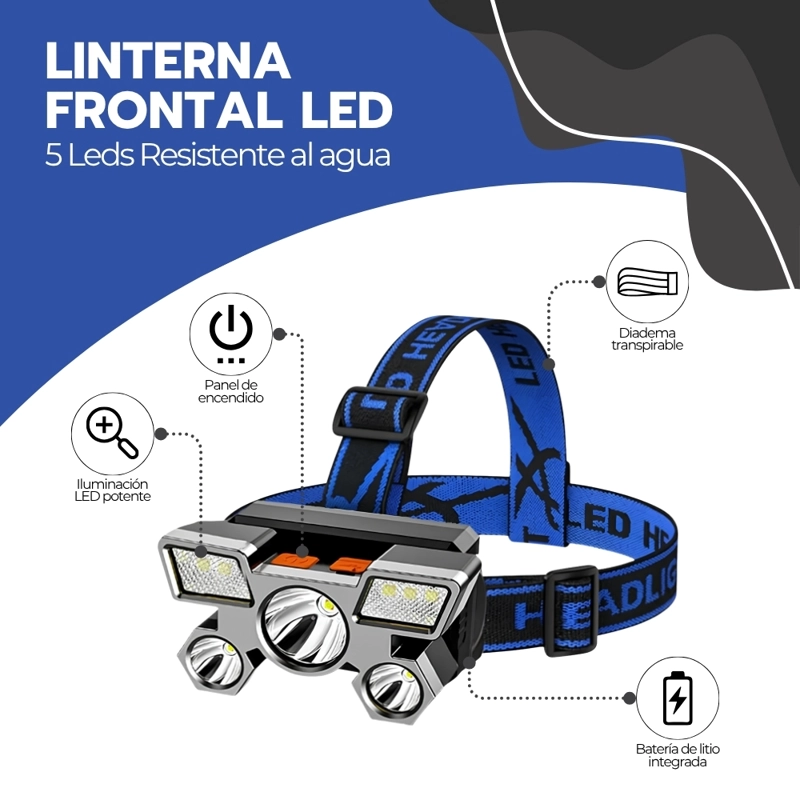LINTERNA FRONTAL LED VINCHA CABEZA 5 LEDS RESISTENTE AL AGUA - 3