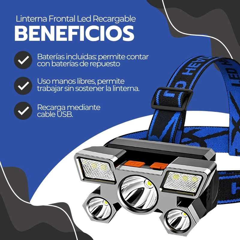 LINTERNA FRONTAL LED VINCHA CABEZA 5 LEDS RESISTENTE AL AGUA - 4