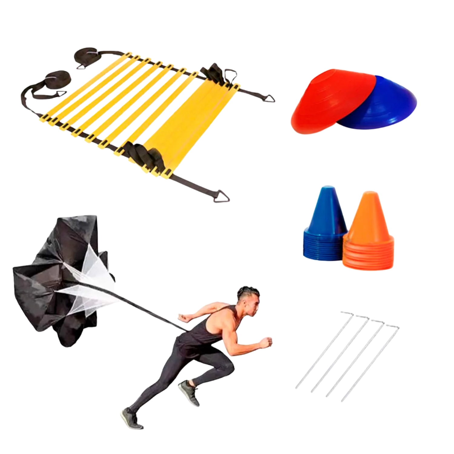 SET DE AGILIDAD + ESCALERA + CONOS LENTEJAS + CONOS PATINAJE + PARACAIDAS + ESTACAS – MK- 848 – 2S - 1