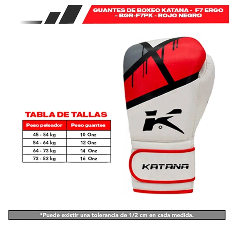 GUANTES DE BOXEO KATANA - F7 ERGO – BGR-F7PK - ROJO NEGRO - 12 ONZ / 12 ONZ - 8