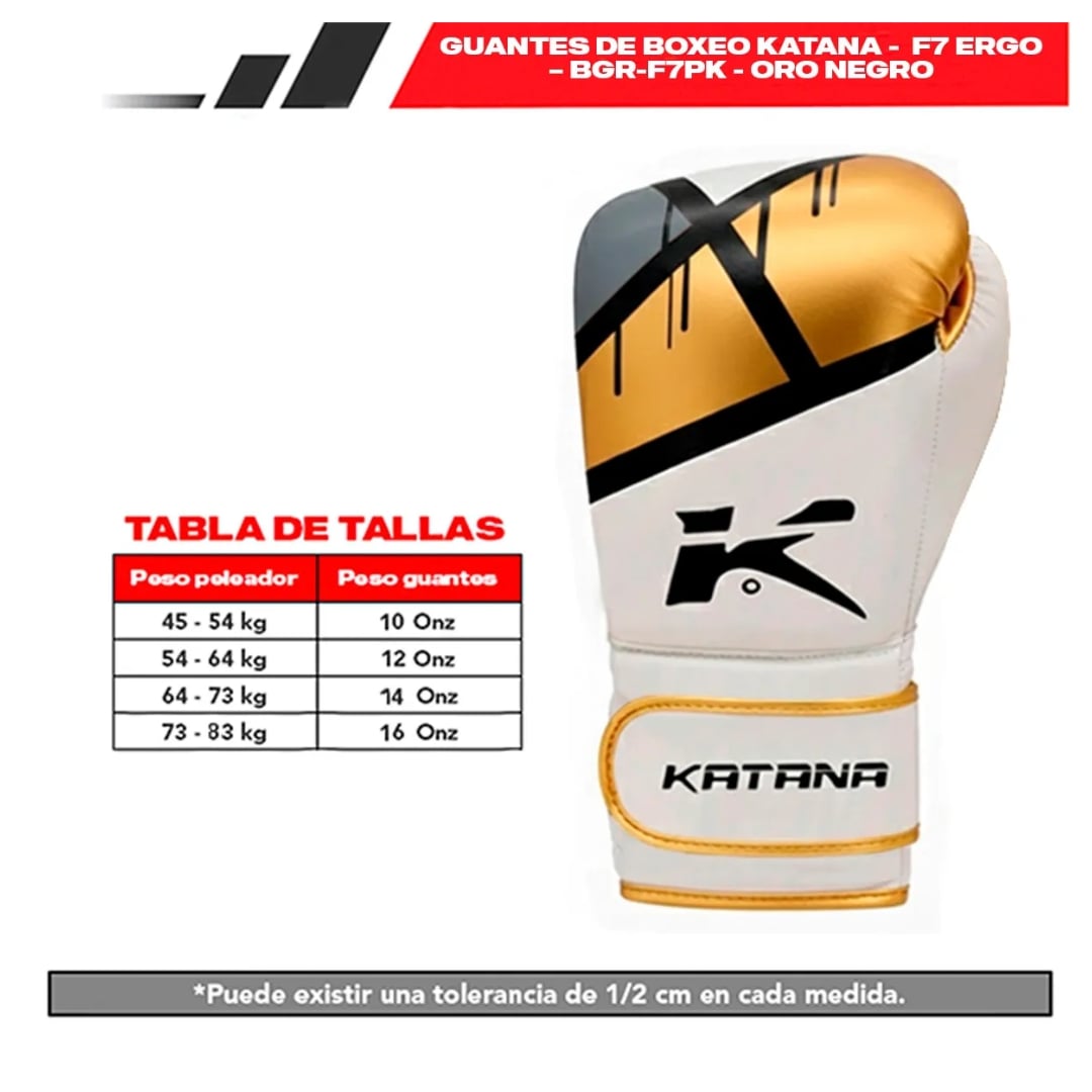 GUANTES DE BOXEO KATANA - F7 ERGO – BGR-F7PK - ORO NEGRO - 16 ONZ / 16 ONZ - 8