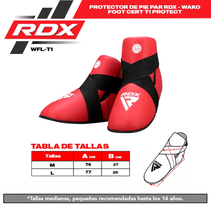 PROTECTOR DE PIE PAR RDX - WAKO FOOT CERT T1 ROJO - WFL-T1R / ROJO TALLA M - 6