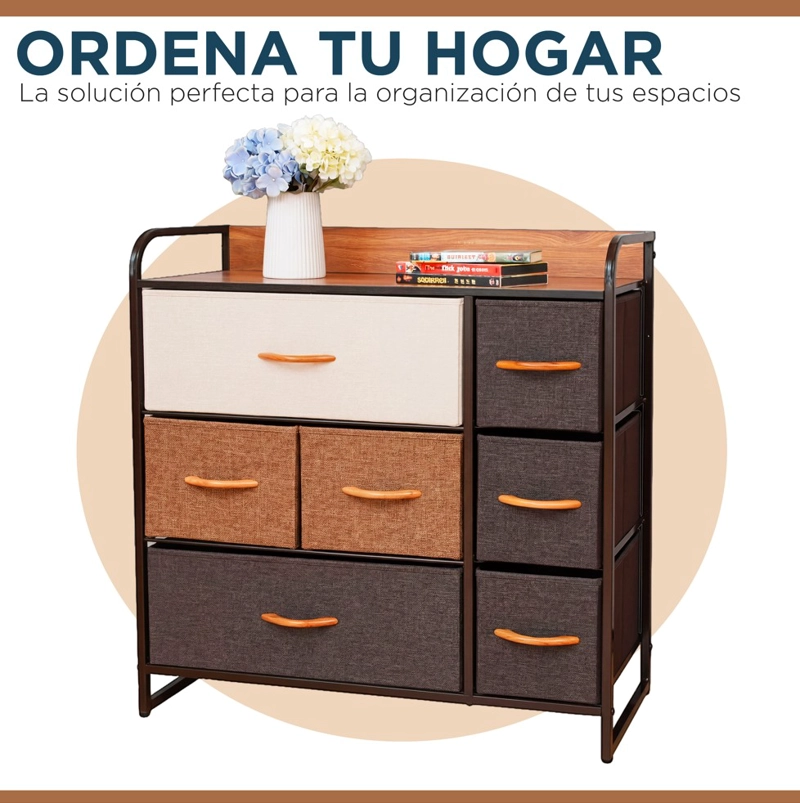CAJONERA COMODA 7 CAJONES MARCO METÁLICO CUBIERTA MADERA CAJONES DE TELA PREMIUM - 2