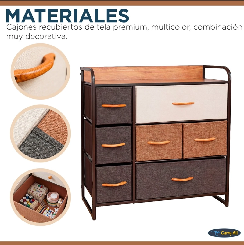 CAJONERA COMODA 7 CAJONES MARCO METÁLICO CUBIERTA MADERA CAJONES DE TELA PREMIUM - 3