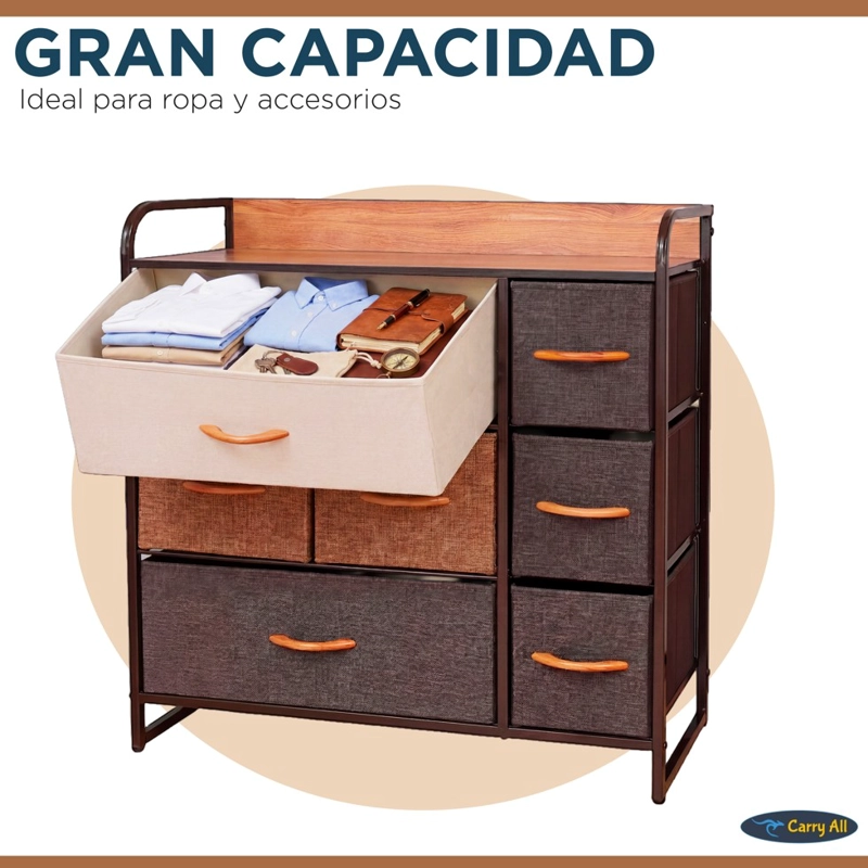 CAJONERA COMODA 7 CAJONES MARCO METÁLICO CUBIERTA MADERA CAJONES DE TELA PREMIUM - 4