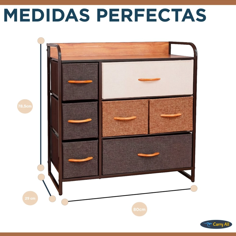 CAJONERA COMODA 7 CAJONES MARCO METÁLICO CUBIERTA MADERA CAJONES DE TELA PREMIUM - 5
