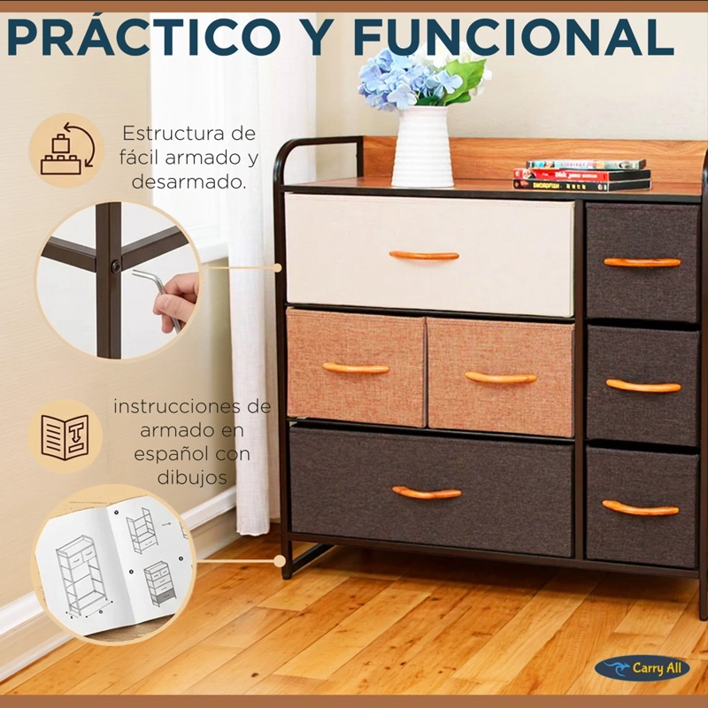 CAJONERA COMODA 7 CAJONES MARCO METÁLICO CUBIERTA MADERA CAJONES DE TELA PREMIUM - 6