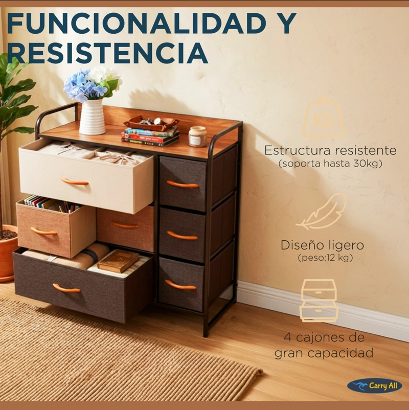 CAJONERA COMODA 7 CAJONES MARCO METÁLICO CUBIERTA MADERA CAJONES DE TELA PREMIUM - 7