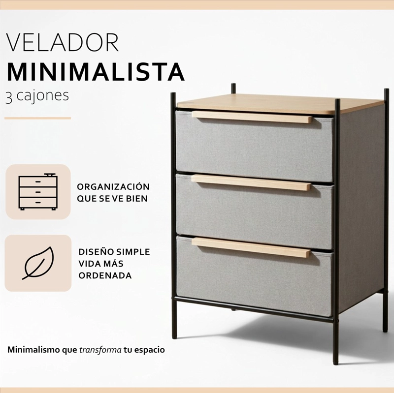 VELADOR CAJONERA 3 CAJONES  LÍNEA MINIMALIST MARCO METÁLICO CUBIERTA MADERA - 2