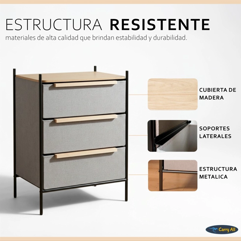 VELADOR CAJONERA 3 CAJONES  LÍNEA MINIMALIST MARCO METÁLICO CUBIERTA MADERA - 3