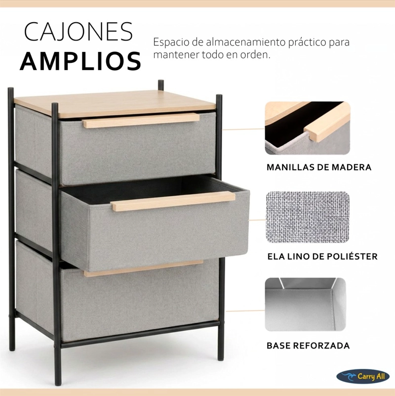 VELADOR CAJONERA 3 CAJONES  LÍNEA MINIMALIST MARCO METÁLICO CUBIERTA MADERA - 4