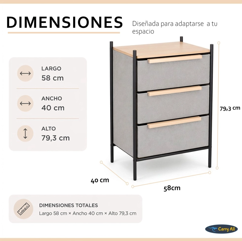 VELADOR CAJONERA 3 CAJONES  LÍNEA MINIMALIST MARCO METÁLICO CUBIERTA MADERA - 5