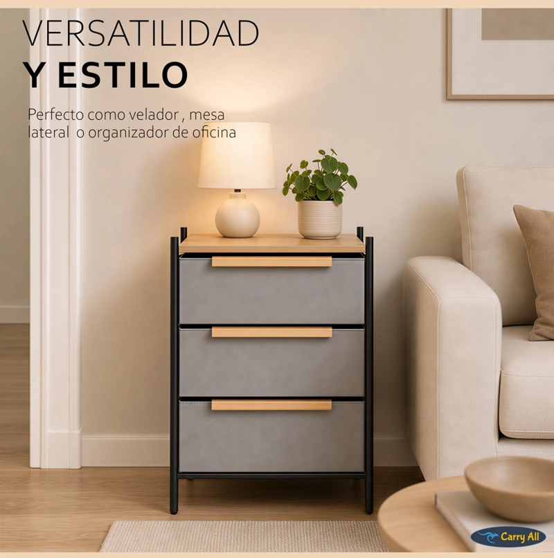 VELADOR CAJONERA 3 CAJONES  LÍNEA MINIMALIST MARCO METÁLICO CUBIERTA MADERA - 6