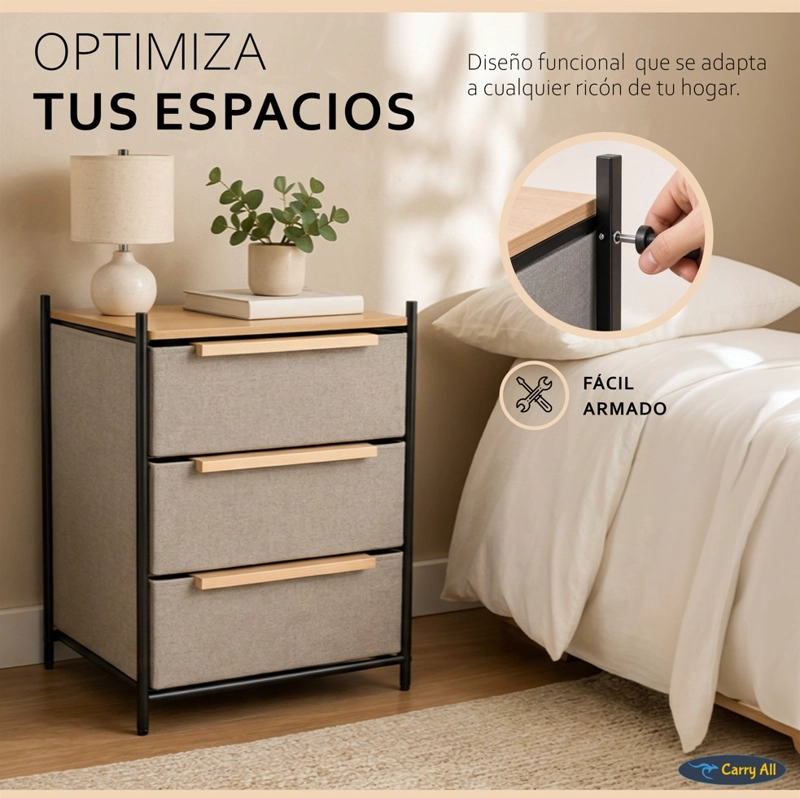 VELADOR CAJONERA 3 CAJONES  LÍNEA MINIMALIST MARCO METÁLICO CUBIERTA MADERA - 7
