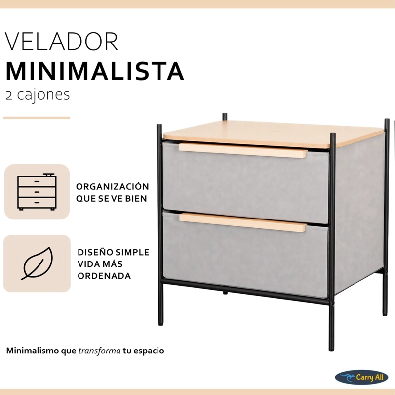 VELADOR CAJONERA 2 CAJONES LÍNEA MINIMALIST MARCO METÁLICO CUBIERTA MADERA - 2