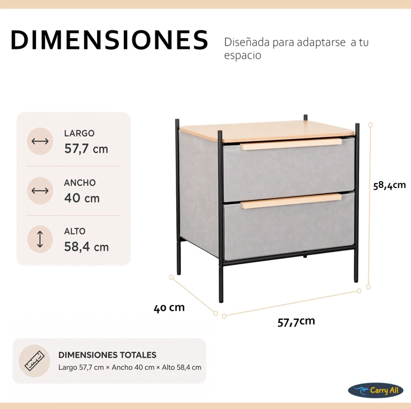 VELADOR CAJONERA 2 CAJONES LÍNEA MINIMALIST MARCO METÁLICO CUBIERTA MADERA - 5
