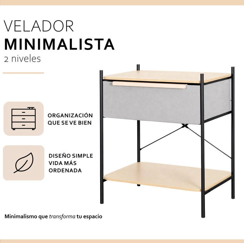 VELADOR 2 NIVELES LÍNEA MINIMALIST 1 CAJÓN MARCO METÁLICO CUBIERTA MADERA - 2