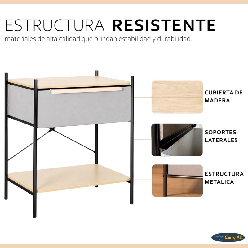 VELADOR 2 NIVELES LÍNEA MINIMALIST 1 CAJÓN MARCO METÁLICO CUBIERTA MADERA - 3