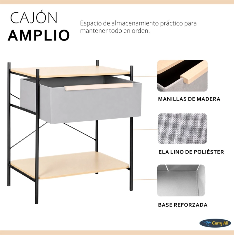 VELADOR 2 NIVELES LÍNEA MINIMALIST 1 CAJÓN MARCO METÁLICO CUBIERTA MADERA - 4