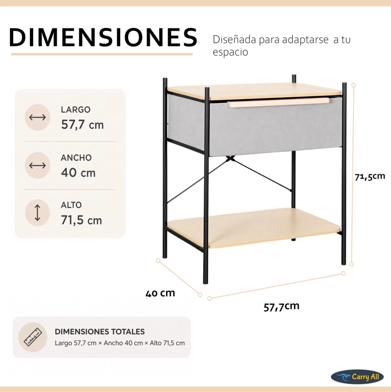 VELADOR 2 NIVELES LÍNEA MINIMALIST 1 CAJÓN MARCO METÁLICO CUBIERTA MADERA - 5