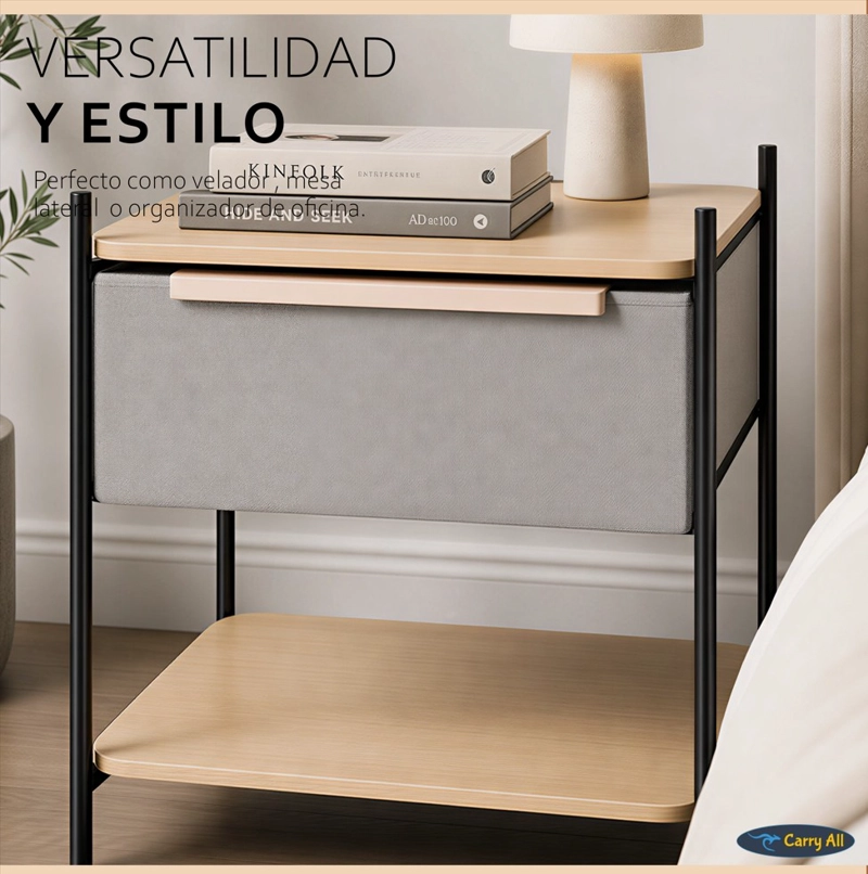 VELADOR 2 NIVELES LÍNEA MINIMALIST 1 CAJÓN MARCO METÁLICO CUBIERTA MADERA - 6