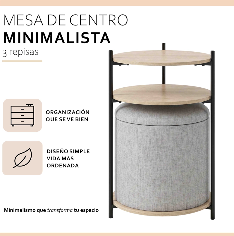 MESA CENTRO ARRIMO 3 REPISAS CON POUF MINIMALIST 2 EN 1 - 2