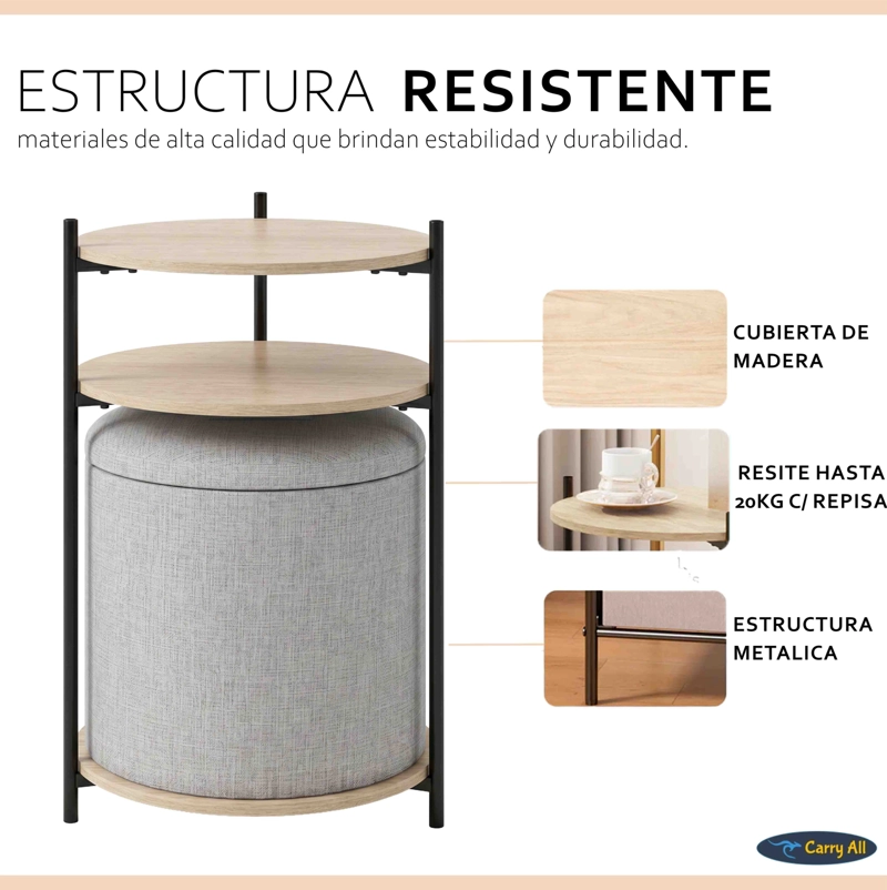 MESA CENTRO ARRIMO 3 REPISAS CON POUF MINIMALIST 2 EN 1 - 3