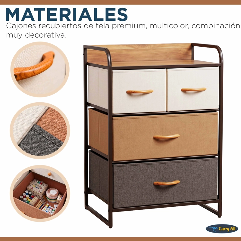 CAJONERA COMODA 4 CAJONES MARCO METAL CUBIERTA MADERA TELA PREMIUM - 5
