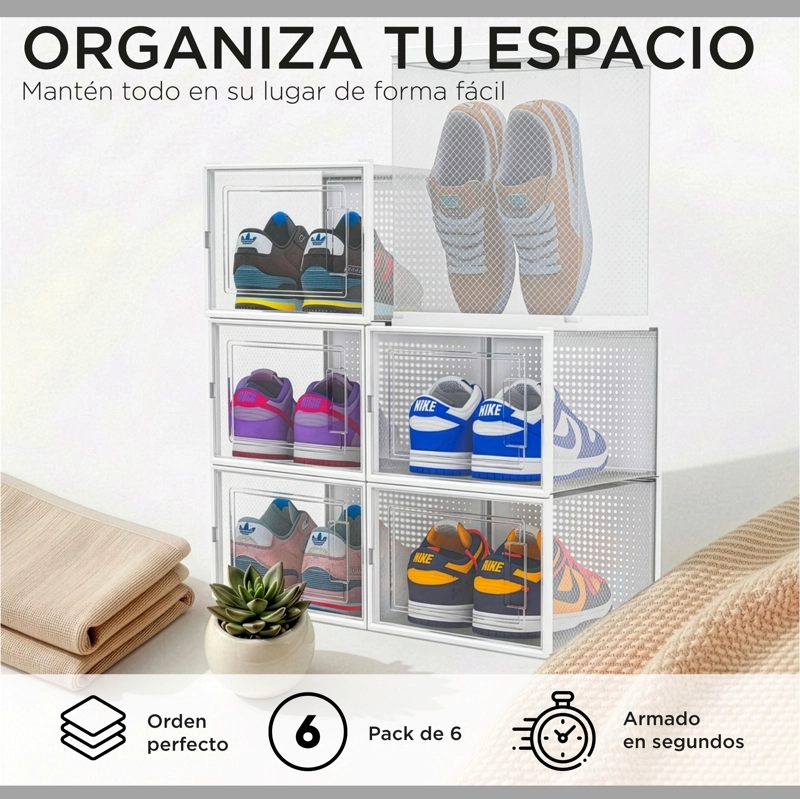 PACK 6 CAJAS ORGANIZADORAS ZAPATOS ROPA VARIOS APILABLES L - 2