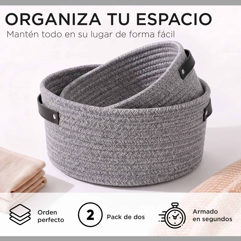 SET 2 CESTAS CANASTOS ORGANIZADORES DE ALGODON CARRY ALL TONOS GRISES GRIS - 2