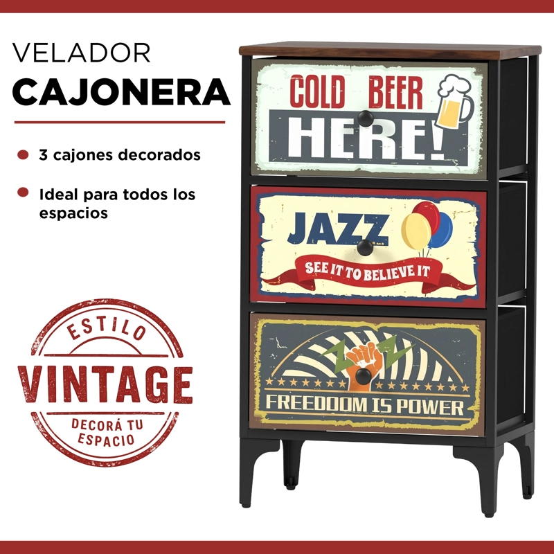VELADOR CAJONERA VINTAGE RETRO 3 CAJONES CARRY ALL DISEÑO METALICO MATE - 2