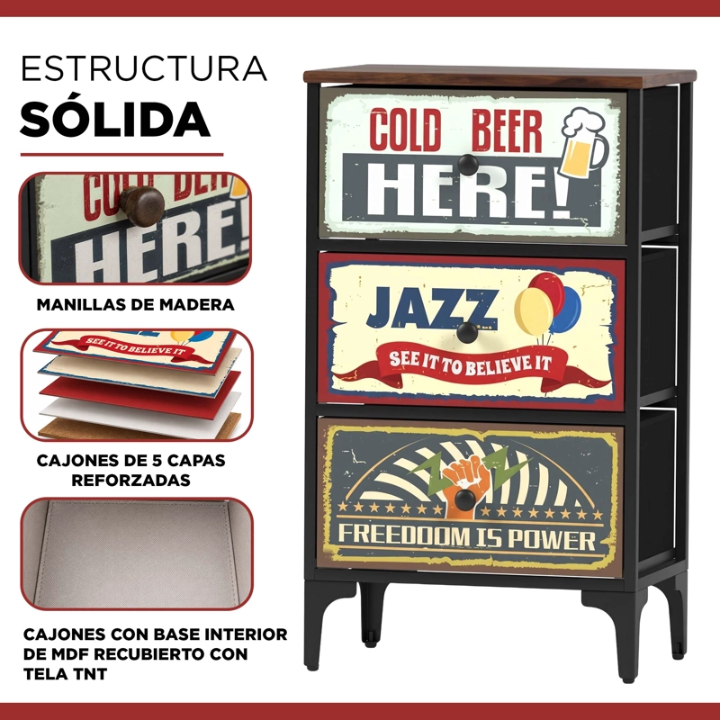 VELADOR CAJONERA VINTAGE RETRO 3 CAJONES CARRY ALL DISEÑO METALICO MATE - 3