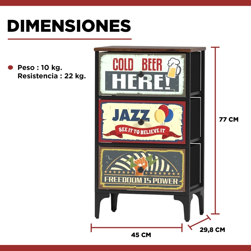 VELADOR CAJONERA VINTAGE RETRO 3 CAJONES CARRY ALL DISEÑO METALICO MATE - 4
