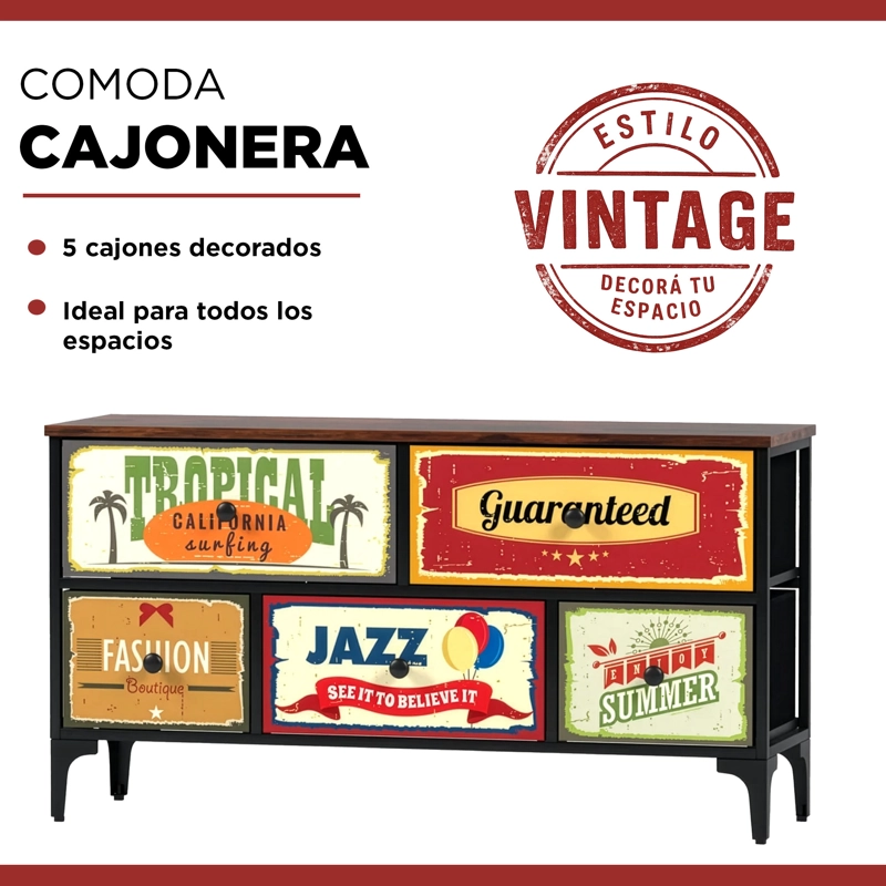 COMODA CAJONERA VINTAGE RETRO 5 CAJONES CARRY ALL DISEÑO METALICO MATE - 2
